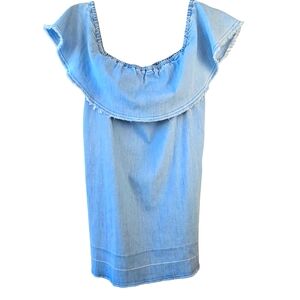 7 For All Mankind Light Wash Denim Sleeveless Ruffled Off-Shoulder Mini Dress